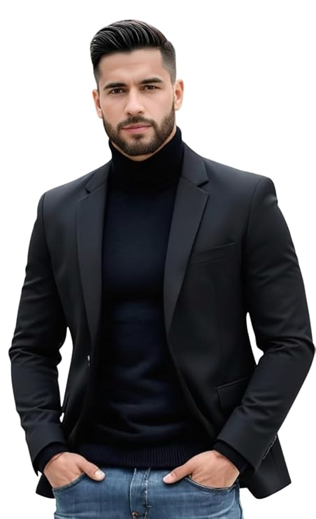 Men Cotton Blend Solid Single Breasted Blazer with Notched Lapel, Stylish Full Sleeves, Button Closure, Regular Fit Formal Blazer for Mens (Black)